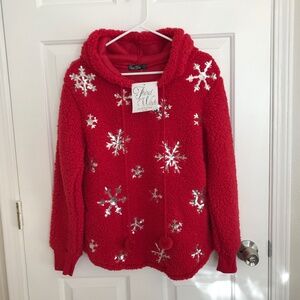 Christmas Third Wish Sherpa Sequin Snowflake Pom Pom Hoodie Size L Red Silver